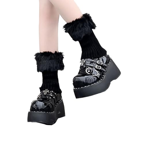 LERTREEUK Winter Warm Frauen Fuzzy Boot Stulpen Y2K-Beinwärmer Pelzige Kunstfell-Strick-Wadenstrümpfe Stiefel Ärmel (Schwarz) von LERTREEUK