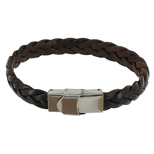 LES POULETTES BIJOUX - Dark Brown Leder Herren-Armband geflochtenes Wohnung Stahl Schließe - grobe 21 cm von LES POULETTES BIJOUX