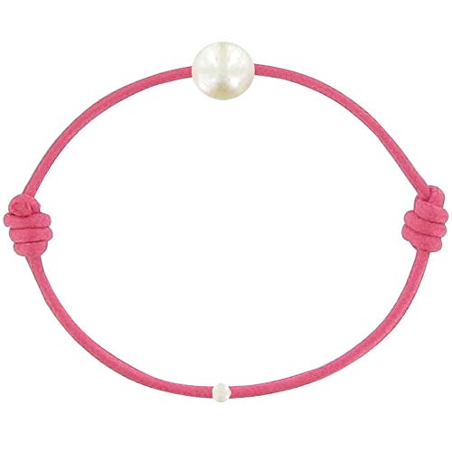 LES POULETTES BIJOUX - Kinder-Armband - My First Pearl gewachste Schnur Armband - White Süßwasser Zuchtperlen 6-7 mm - Colors - Fuchsia von LES POULETTES BIJOUX