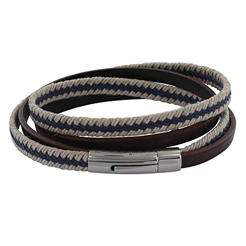 LES POULETTES BIJOUX - Mann Armband Doppel Wende Dunkelbraun Leder Geflecht in Flachs Blau und Beige - grobe 20 cm von LES POULETTES BIJOUX