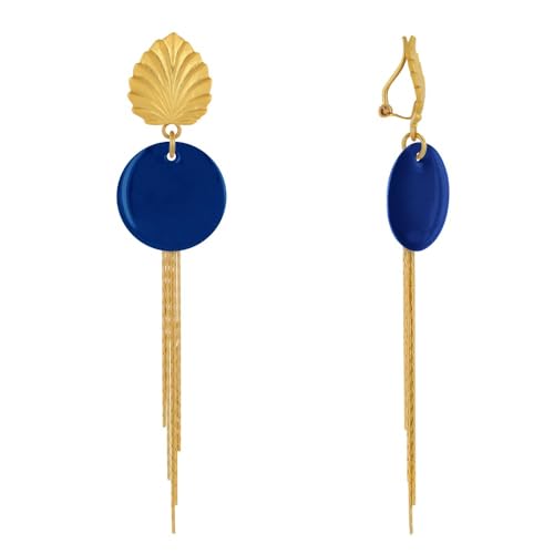 LES POULETTES BIJOUX - Mattem Messing Clip Ohrringe Blatt Emaillierten Patch und Baumelnde Fäden - Blau Navy von LES POULETTES BIJOUX