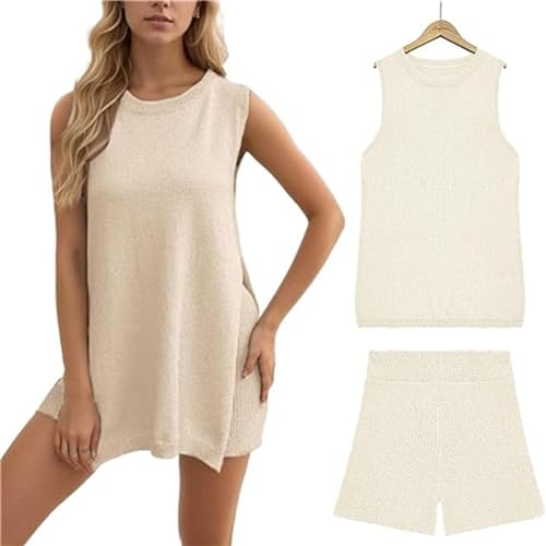 LETROBBV Women's Summer Knit Sweater Set,Knit Sets Pajamas for Women,Tank Tops Shorts Split Lounge Sets (DE/NL/SE/PL, Alphanumerisch, S, Regular, Regular, Apricot) von LETROBBV