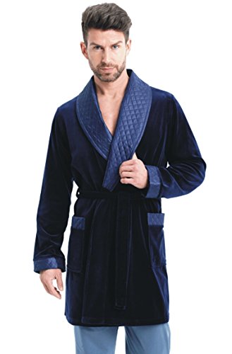 LEVERIE eleganter Herren-Kurzmantel Smoking Baumwoll-Bademantel mit Bindegürtel und Taschen - Made in EU, dunkelblau, Gr. XL von LEVERIE