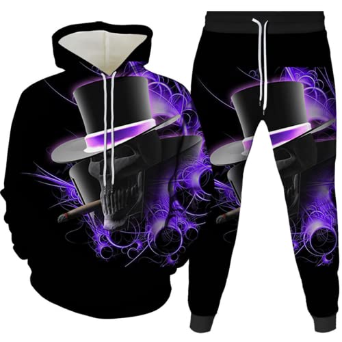 Herren 2 Stück Trainingsanzug Set 3D Totenkopf Print Outfit Punk Rock Hoodie Sweatshirt Jogginghose Casual Pullover Sportanzüge (Totenkopf 10,5XL) von LEXAHO