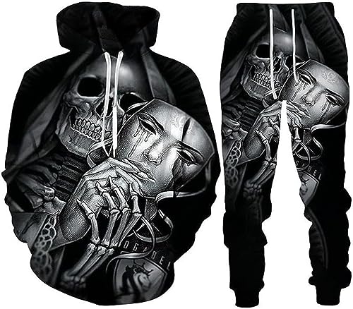 LEXAHO 3D Totenkopf Schädel Hoodie Männer Trainingsanzug Jogging Set Männer Sportanzug Männer Sweatshirt Hosen (Totenkopf 3,5XL) von LEXAHO