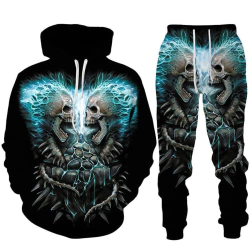 LEXAHO 3D Totenkopf Schädel Hoodie Männer Trainingsanzug Jogging Set Männer Sportanzug Männer Sweatshirt Hosen (Totenkopf 4,4XL) von LEXAHO