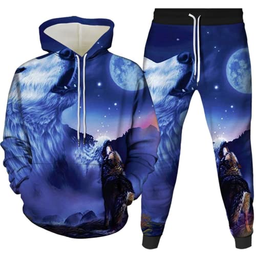 LEXAHO 3D Wolf Digitaldruck Kapuzenpullover Pullover und Hosenanzug Unisex Jugend Jogginganzug Trainingsanzug Polyester Baumwolle Sport Trainingsanzug (Wolf3,XL) von LEXAHO