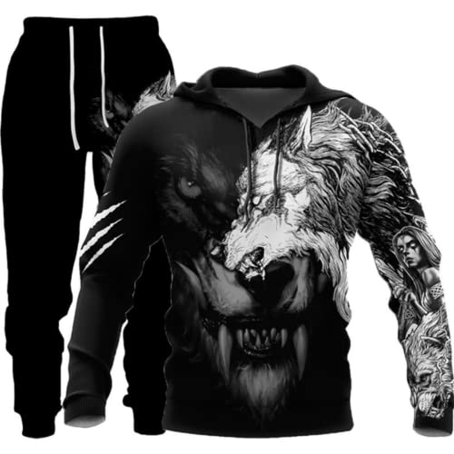 LEXAHO Herren 3D Wolf Jogginganzug Männer Hoodie Sets Männer Hoodies+Sweatpant Anzug Herren Pullover Sweatshirts und hose (wolf9,M) von LEXAHO