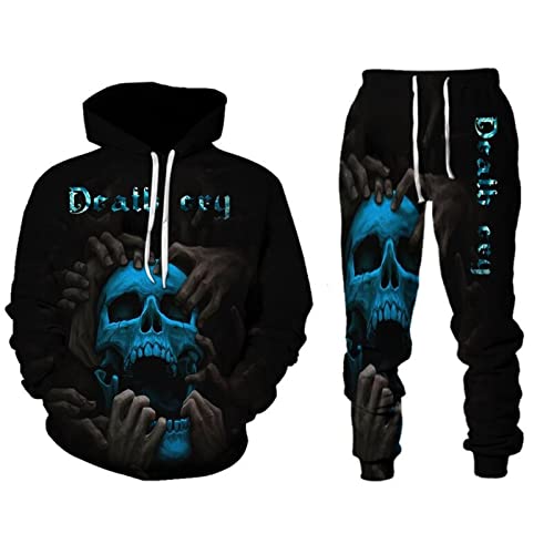 LEXAHO Herren Totenkopf 2 Stück Trainingsanzug Set Jogginganzug 3D Kapuzenpullover Zweiteiliges Set Skull Pattern Hoodie und Hose Trainingsanzug (Totenkopf1,5XL) von LEXAHO