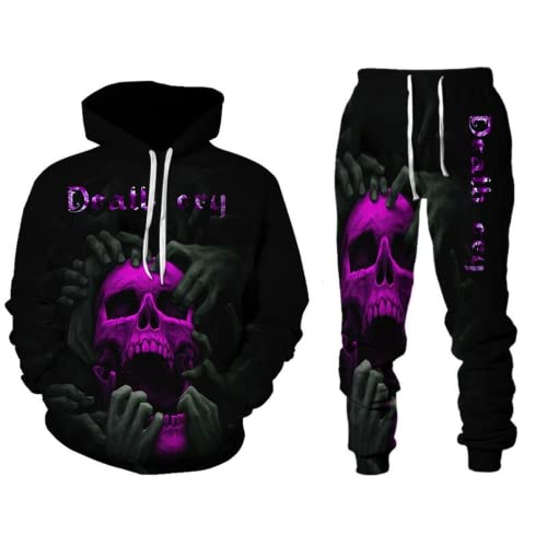 LEXAHO Herren Totenkopf 2 Stück Trainingsanzug Set Jogginganzug 3D Kapuzenpullover Zweiteiliges Set Skull Pattern Hoodie und Hose Trainingsanzug (Totenkopf5,5XL) von LEXAHO