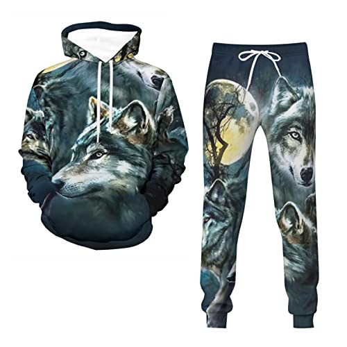 LEXAHO Wolf Kapuzenpullover Set 3D Drucken Tier Kapuzenpullover + Jogginghose Jogginganzug Sportanzug Männer Jogging Sweatshirt Hose (wolf2,4XL) von LEXAHO