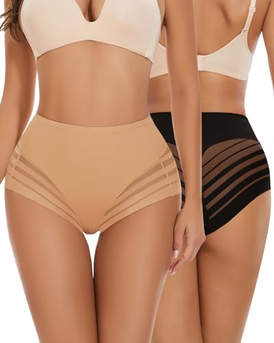 Bauchweg Unterhosen Damen Weich Slips Mittlerer Taille Nahtlose Unterwäsche Damen Gittergewebe Sexy Unterwäsche Panties Shapewear Damen Bauchweg Unterhose Miederhose,2er Pack,Schwarz & Beige,2XL von LEYSHE