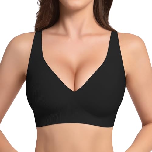 LEYSHE BH Damen ohne Bügel V-Ausschnitt Seamless BH Gepolsterter Push Up BH Bügelloser Tshirt BH mit Verstellbaren Trägern,Schwarz,L von LEYSHE