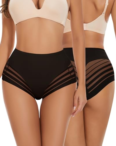 LEYSHE Bauchweg Unterhosen Damen Weich Slips Mittlerer Taille Nahtlose Unterwäsche Damen Gittergewebe Sexy Unterwäsche Panties Shapewear Damen Bauchweg Unterhose Miederhose,2er Pack,Schwarz,L von LEYSHE