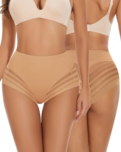 LEYSHE Shapewear Damen Bauchweg Unterhose Bauchweg Unterhosen Damen Weich Slips Mittlerer Taille Nahtlose Unterwäsche Damen Gittergewebe Sexy Unterwäsche Panties Miederhose,2er Pack,Beige,2XL von LEYSHE