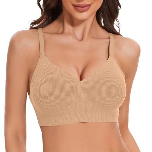 LEYSHE Soft BH Damen Ohne Bügel Seamless BH Stütz BH Push Up BH Comfy Minimizer Bustier Vollständiger Abdeckung, Cup A-C,Beige,L von LEYSHE