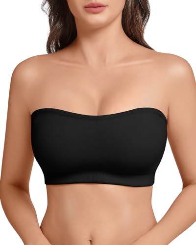 LEYSHE Trägerloser BH ohne Bügel für Damen Bandeau BH Nahtlose Tube Top BH Gepolsterter Bandeau Top mit Transparenten Trägern,Schwarz,S von LEYSHE