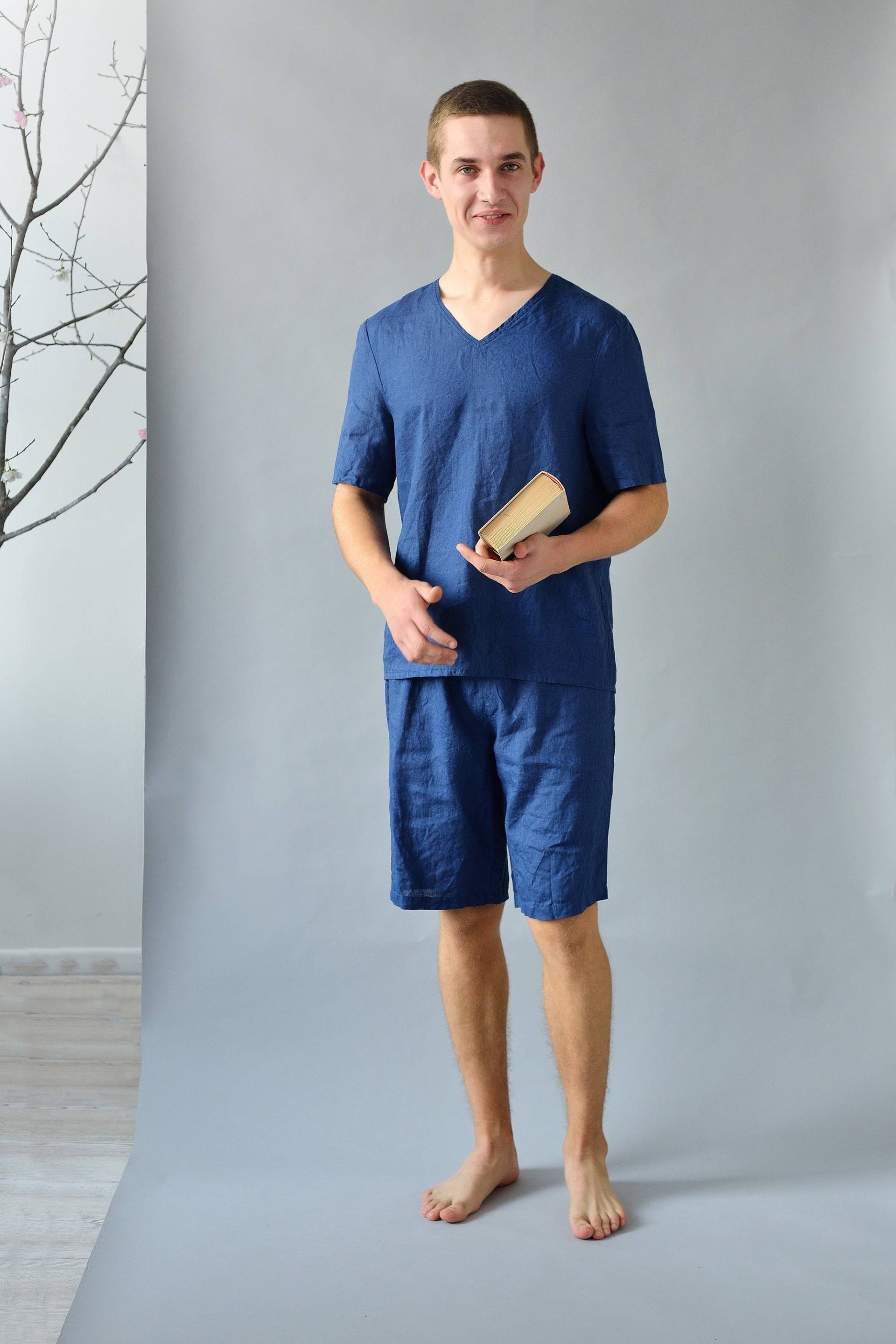 Leinen-Pyjama-Set Herren/Shorts Und Top Kurzarm Flachs-Pyjama Sommer-Pyjama-Set Für Männer Vatertagsgeschenk Einfache Nachtwäsche von LGlinen