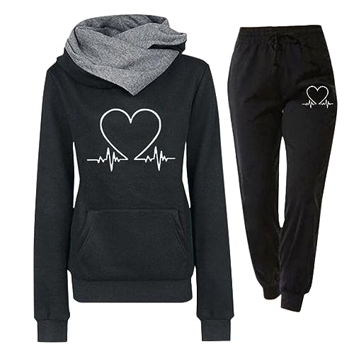 Damen Trainingsanzug Set 2-Teilig Heartbeat Print Hoodie Jogginghose Sweatshirt Hose Zweiteiler Jogginganzüge Damen Kapuzenpullover Sporthose Set Jogginganzug Loungewear Hosenanzug mit Taschen von LIANGTUOHAI