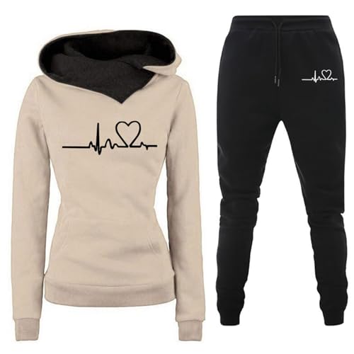 Damen Trainingsanzug Set 2-Teilig Heartbeat Print Hoodie Jogginghose Sweatshirt Hose Zweiteiler Jogginganzüge Damen Kapuzenpullover Sporthose Set Jogginganzug Loungewear Hosenanzug mit Taschen von LIANGTUOHAI