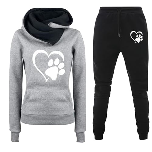 Damen Trainingsanzug Set 2-Teilig Heartbeat Print Hoodie Outfit Sport und Freizeit Kapuzenpullover Jogginganzug Elegant Slim mit Taschen Hosenanzug Outdoor Oversize Sweatshirt Hosenanzug Damen Set von LIANGTUOHAI