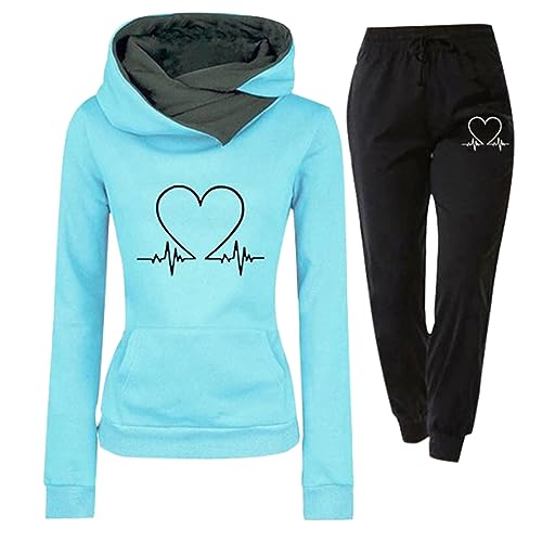 Damen Trainingsanzug Set 2-Teilig Heartbeat Print Hoodie Outfit Sport und Freizeit Kapuzenpullover Jogginganzug Elegant Slim mit Taschen Hosenanzug Outdoor Oversize Sweatshirt Hosenanzug Damen Set von LIANGTUOHAI