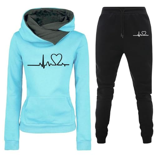 LIANGTUOHAI Damen Trainingsanzug Set 2-Teilig, Jogginganzug Damen Trainingsanzug für Damen Heartbeat Print Outfit Zweiteiler Sport und Freizeit Sportanzug Slim Kapuzenpullover Outdoor Hosenanzug Set von LIANGTUOHAI