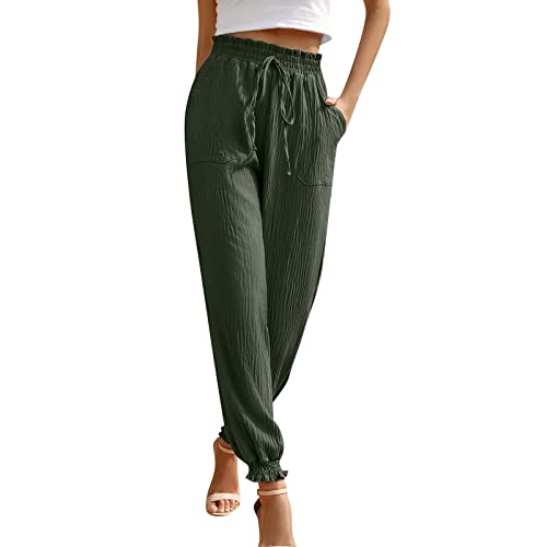 LIANGTUOHAI Leinenhosen Damen Leichte Sommerhose Leicht Einfarbig Sommerhosen Sommerlich Soft Chino Hose Hochelastische mit Kordelzug Sauna-Hose Regular Fit Straight Bein Hose Yogahose Stoffhose von LIANGTUOHAI