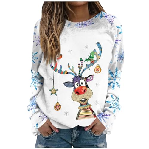 Weihnachtspullover Damen Merry Christmas Sweatshirt Lustig Rudolph Rentier Druck Elegant Weihnachten Weihnachts Xmas Pullover Weihnachtspulli Teenager Mädchen Rundhals Langarm Sweat Oberteile von LIANGTUOHAI