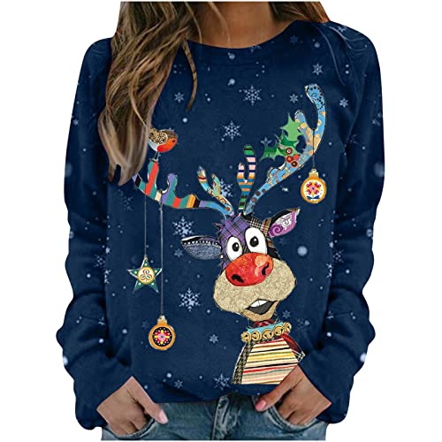 Weihnachtspullover Damen Merry Christmas Sweatshirt Lustig Rudolph Rentier Druck Elegant Weihnachten Weihnachts Xmas Pullover Weihnachtspulli Teenager Mädchen Rundhals Langarm Sweat Oberteile von LIANGTUOHAI