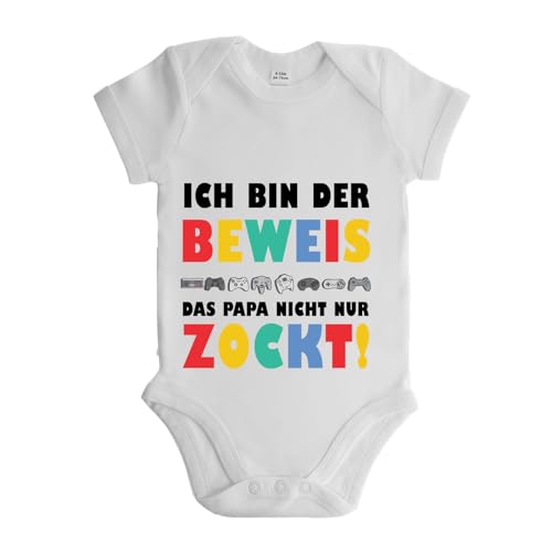 LIEBTASTISCH - ich bin der Beweis, dass Papa nicht nur zockt - Baby body kurzarm - Strampler - mit Druckknöpfen - Jungen - 100% Bio Baumwolle - Gamer Geschenk (Weiss, 3-6 Monate) von LIEBTASTISCH