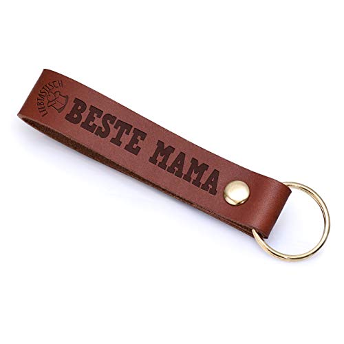 Liebtastisch Leder Schlüsselanhänger mit Gravur ''Beste Mama'' Schlüsselband Geschenk für die Mama - Muttertag - Voll-Rindleder Handmade in Germany (Braun) von LIEBTASTISCH