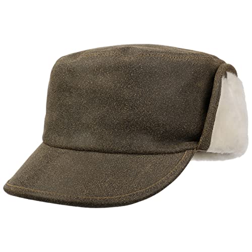 LIERYS Leder Armycap mit Ohrenklappen Damen/Herren - Unifarbene Winterkappe aus 100% Leder - Cap mit integriertem Stofffutter und Ohrenschutz - Basecap Herbst/Winter Dunkelbraun S (54-55 cm) von LIERYS