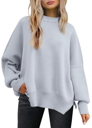 LILLUSORY Damen Rundhals Fledermaus Langarm Pullover 2023 Herbst Oversized Rippstrick Seitenschlitz Pullover Top, GRAU, Mittel LILLUSORY Damen Rundhals Fledermaus Langarm Pullover 2023 Herbst Oversized Rippstrick Seitenschlitz Pullover Top, GRAU, Mittel von LILLUSORY