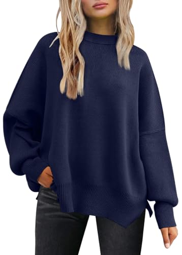LILLUSORY Damen Rundhals Fledermaus Langarm Pullover 2023 Herbst Oversized Rippstrick Seitenschlitz Pullover Top, Marineblau, X-Groß LILLUSORY Damen Rundhals Fledermaus Langarm Pullover 2023 Herbst Oversized Rippstrick Seitenschlitz Pullover Top, Marineblau, X-Groß von LILLUSORY