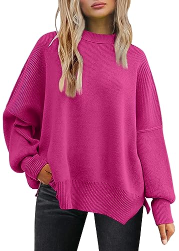 LILLUSORY Damen Rundhals Fledermaus Langarm Pullover 2023 Herbst Oversized Rippstrick Seitenschlitz Pullover Top, Rosenrot, Klein LILLUSORY Damen Rundhals Fledermaus Langarm Pullover 2023 Herbst Oversized Rippstrick Seitenschlitz Pullover Top, Rosenrot, Klein von LILLUSORY