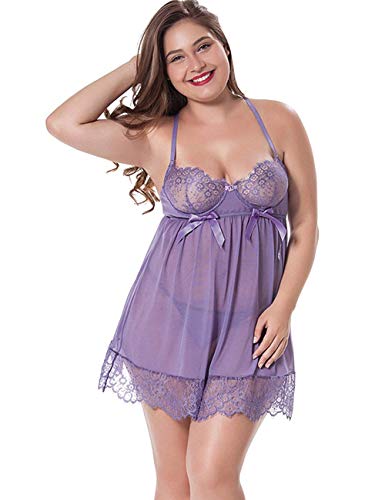 LINGERLOVE Sexy Negligee Babydoll Damen Dessous mit Underwire Unterwäsche Nachtwäsche Spitze Kleid Nachtkleid Reizwäsche G-String Sleepwear Violett L von LINGERLOVE