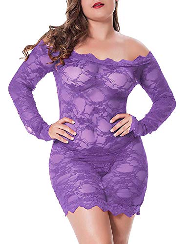 LINGERLOVE Sexy Spitze Negligee Grosse Grössen für Damen Babydoll Dessous Schulterloses Lingerie Nachtwäsche Spitzen-Kleid mit G-String S-4XL von LINGERLOVE