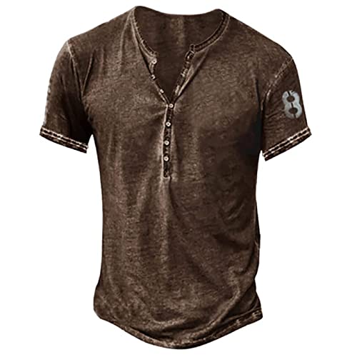 Hemd Herren Kurzarm T Shirt Herren Stretch Langarm T-Shirts Dünn mit Knopfleiste Grafisches Wander Bluse Männer Frühling Henley Vintage Kaffee 107 von LINGHAOEU