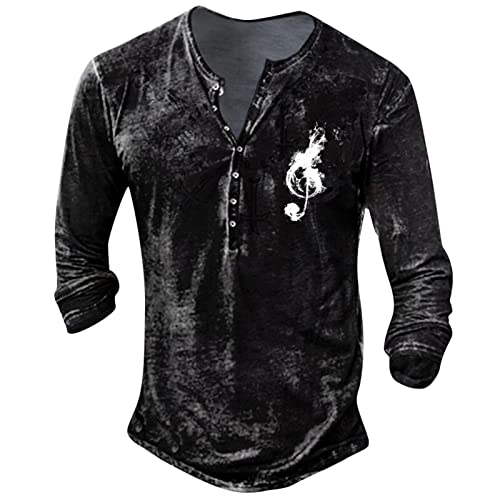 Slim Fit T-Shirt Herren T Shirts Herren Stretch Langarm T Shirt Dünn mit Knopfleiste Grafisches Wander Bluse Herren Frühling Henley Vintage Schwarz 6 von LINGHAOEU