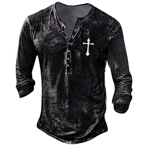 T Shirt Vintage Herren T-Shirts Herren Stretch T-Shirt Langarm Dünn mit Knopfleiste Grafische Polo Herren Wandern Frühling Henley Vintage Schwarz 61 von LINGHAOEU