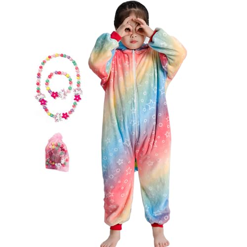 LINKE Kinder-Einteiler für Mädchen, weicher Plüsch-Einhorn-Pyjama, bequemes Geschenk mit buntem Armband und Halskette, Regenbogen-Pyjama, 5-6 Jahre von LINKE