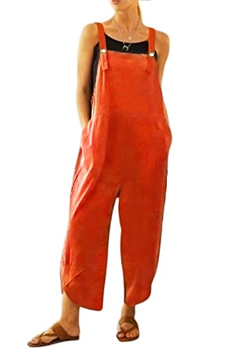 LINKE Overalls für Damen, lockere Latzhose, weiche Baumwolle, Leinen, Baggy-Overall, verstellbare Träger mit Taschen, M-5XL, Orange, 54 von LINKE