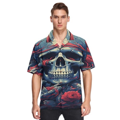 Cooles Totenkopf-Rosen-Tattoo Herren-Hawaii-Hemden, kurzärmelig, Button-Down-Freizeithemd für den Sommer Strand von LINNIKEEEE