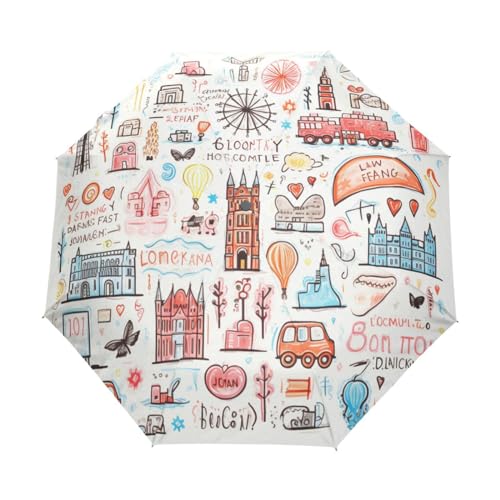 LINNIKEEEE Abstraktes Gekritzel London Regenschirm Auf-Zu Automatik Taschenschirm Winddichter Klein Leicht Kompakt Schirme für Reise Strand Frauen von LINNIKEEEE