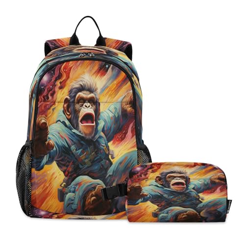 LINNIKEEEE Aquarellkunst Schimpanse Studentenrucksack Lunchtasche Set – Leichte Schultasche für Jungen Mädchen von LINNIKEEEE