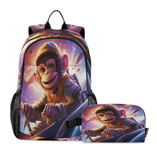 LINNIKEEEE Aquarellkunst Süßer AFFE Studentenrucksack Lunchtasche Set – Leichte Schultasche für Jungen Mädchen von LINNIKEEEE