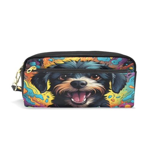 LINNIKEEEE Ausgefallenes Kunstwerk Hund Federmäppchen aus Leder,Mäppchen Schlamperbox Stifttasche,Make-up-Tasche,Organizer für Jungen Mädchen von LINNIKEEEE