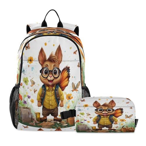 LINNIKEEEE Buntstift-Cartoon-Eichhörnchen Studentenrucksack Lunchtasche Set – Leichte Schultasche für Jungen Mädchen von LINNIKEEEE