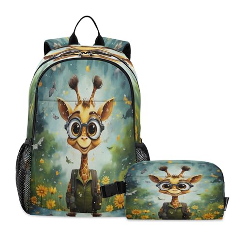 LINNIKEEEE Buntstift-Cartoon-Giraffe Studentenrucksack Lunchtasche Set – Leichte Schultasche für Jungen Mädchen von LINNIKEEEE